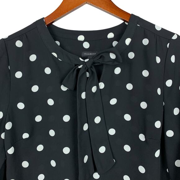 Talbots Polka Dot Blouse Tie Neck Black White Long Sleeve Women's S - Picture 2 of 5